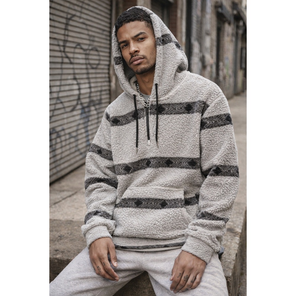 Trademark Brooklyn Cloth Sherpa Fleece Hoodie‎ Mens Sz L Gray Black Aztec Stripe